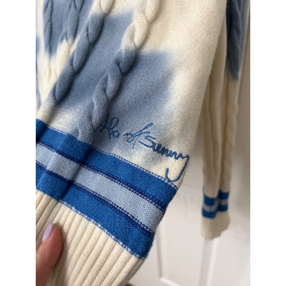 House of Sunny Varsity Cable Knit Sweater Blue Cream Distressed V-Neck XS - Picture 5 of 9